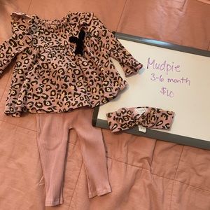 Leopard pink outfit with bow, 3-6 month
